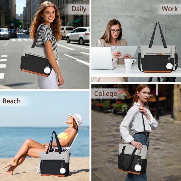 Women Black With Grey Multi-Pocket Waterproof Canvas Tote Bags with Zipper - Picture 6 of 6